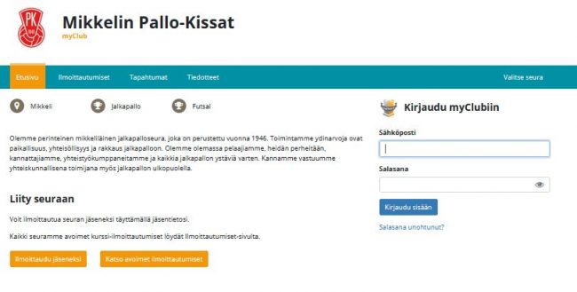 MIPK MyClub kirjautumissivu